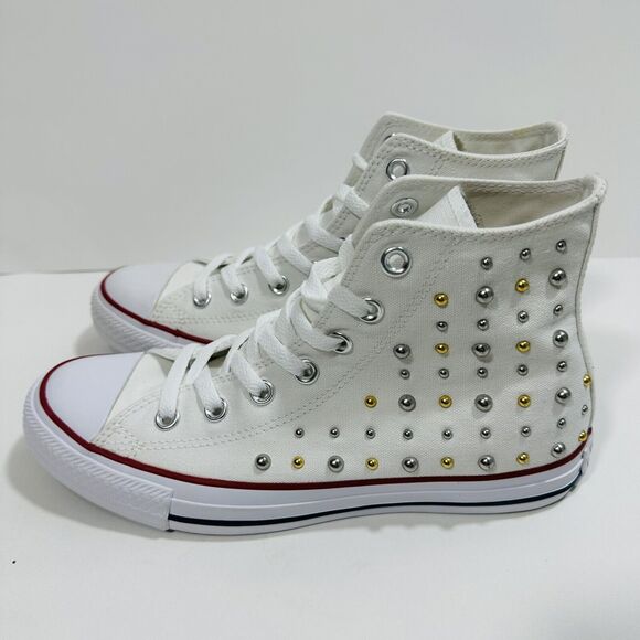 Converse Women US 8 Chuck Taylor All Star Hi Top Sneaker Gold silver Studs NWOB - Picture 6 of 10
